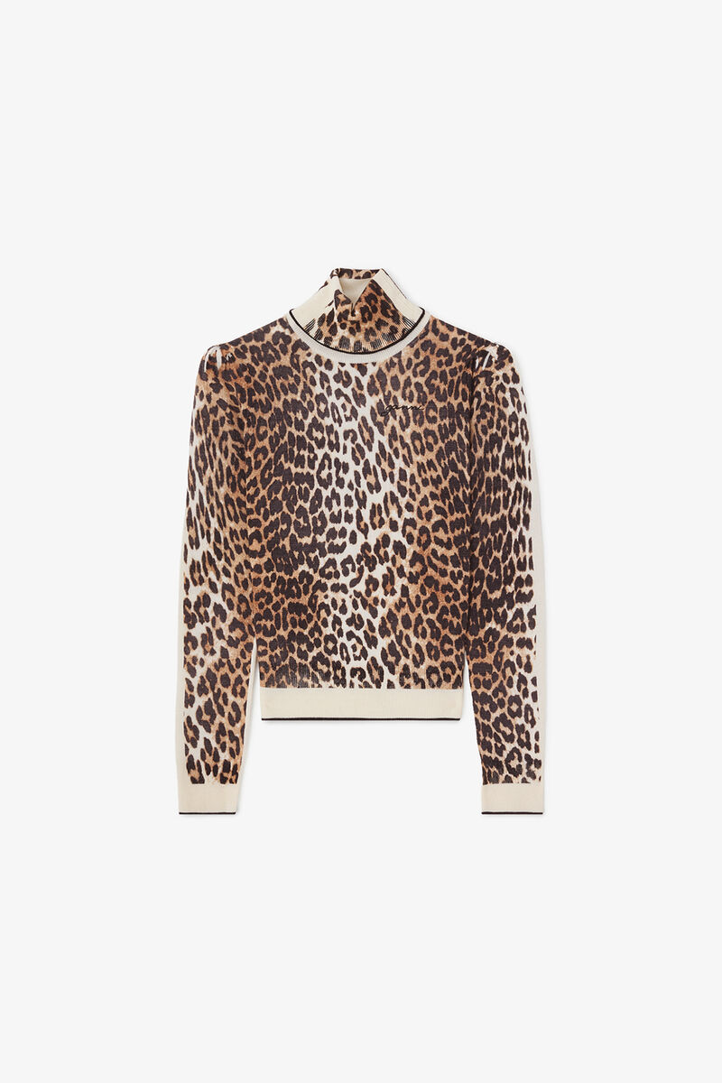 Turtleneck in Leopard, Merino Wool, in colour Almond Milk - 1 - GANNI