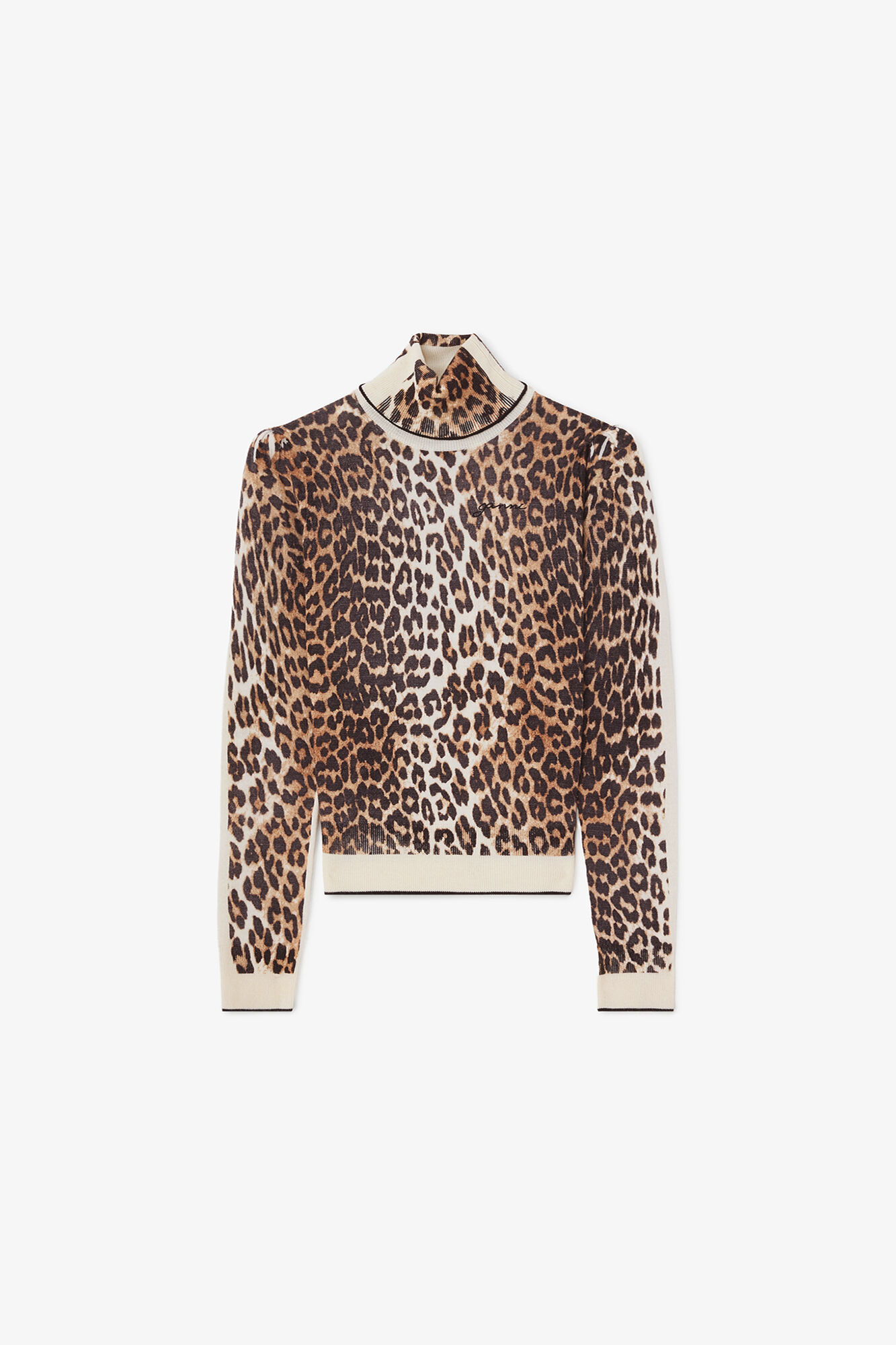 Turtleneck in Leopard, Merino Wool, in colour Almond Milk - 1 - GANNI