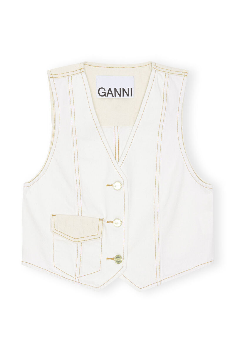 White Ecru Denim Vest, Cotton, in colour Egret - 1 - GANNI