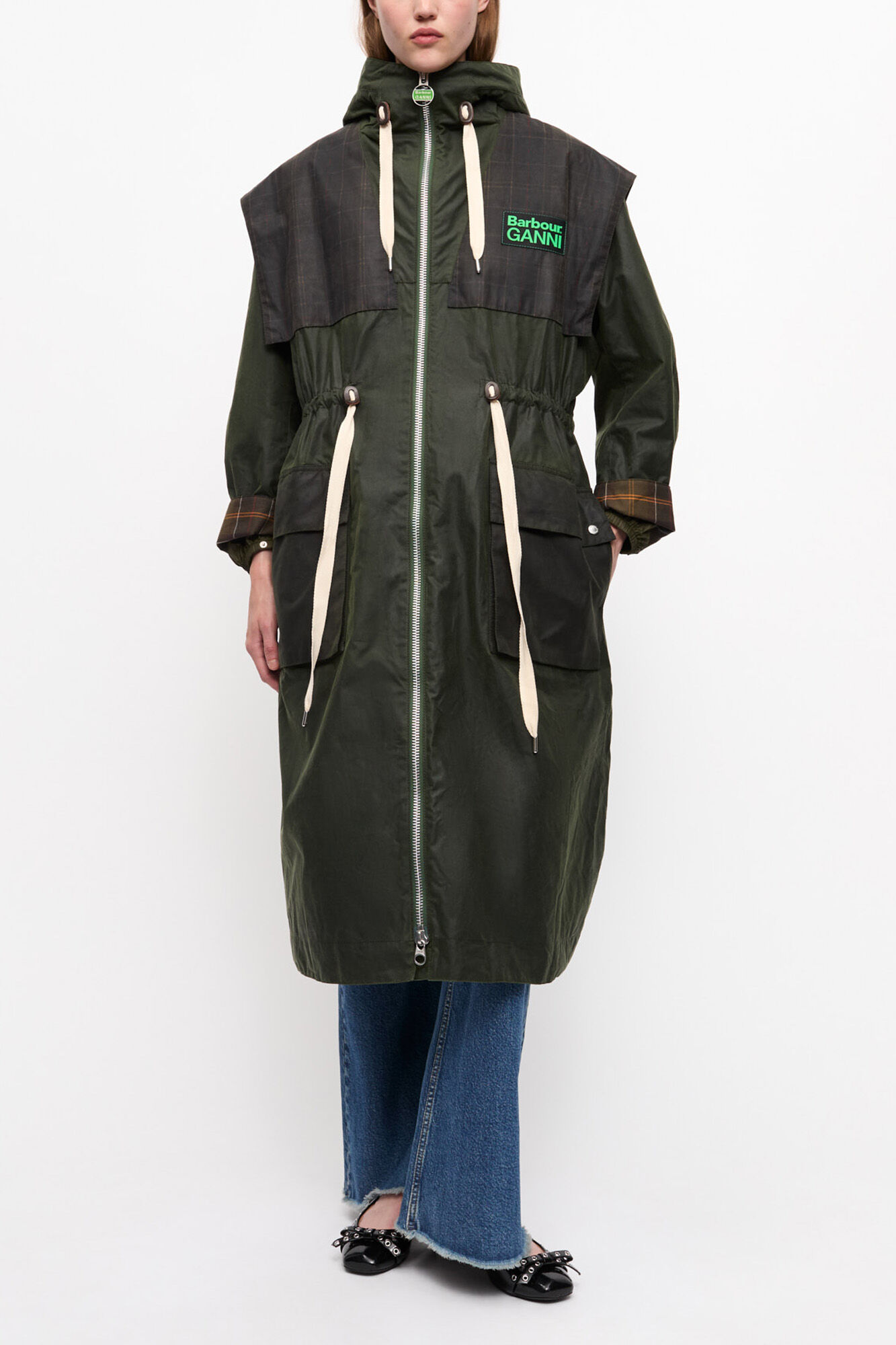 GANNI x Barbour Waxed Parka Jacket, Organic Cotton, in colour Dark Green - 1 - GANNI