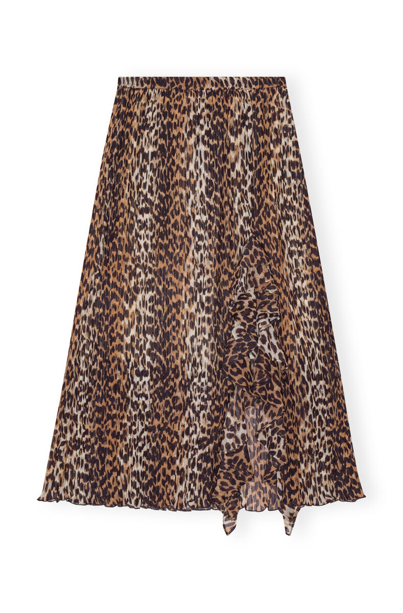 Jupe Leopard Pleated Georgette Midi Flounce, Recycled Polyester, in colour Almond Milk - 1 - GANNI
