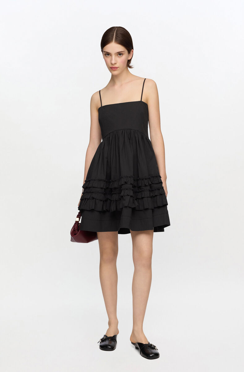 Black Mini Frill Dress, Organic Cotton, in colour Black - 1 - GANNI