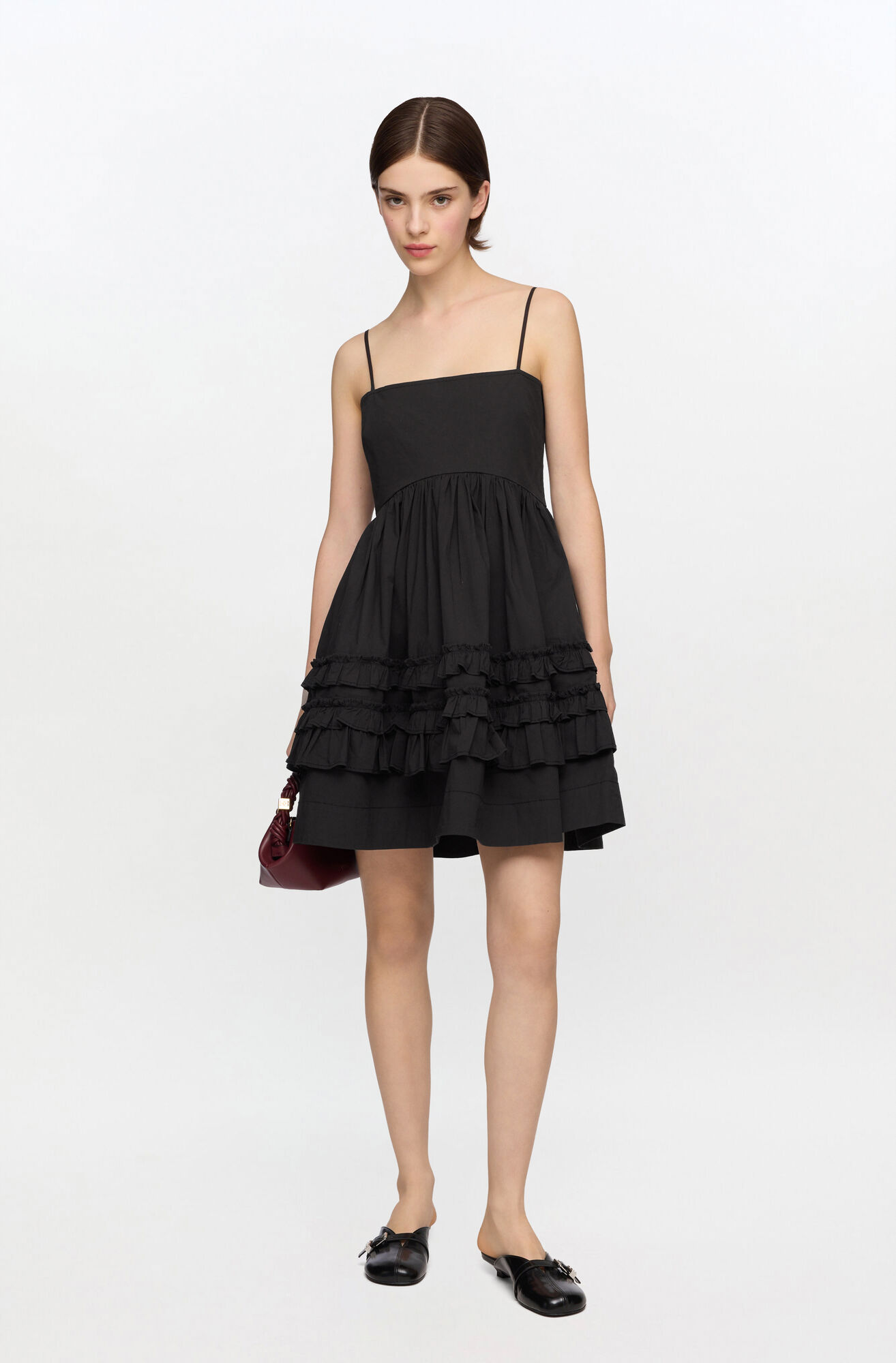 Black Mini Frill Dress, Organic Cotton, in colour Black - 1 - GANNI