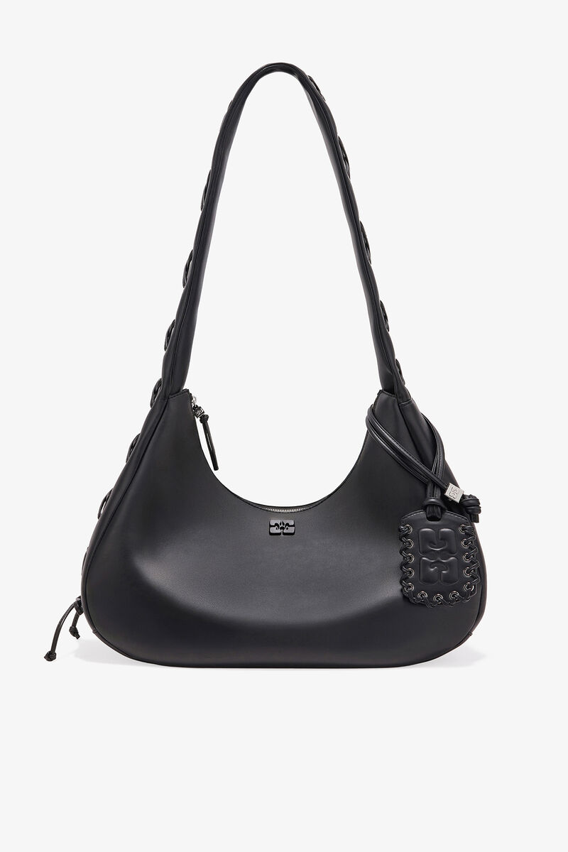 Black Medium Laces Hobo Bag, Recycled Leather, in colour Black - 1 - GANNI