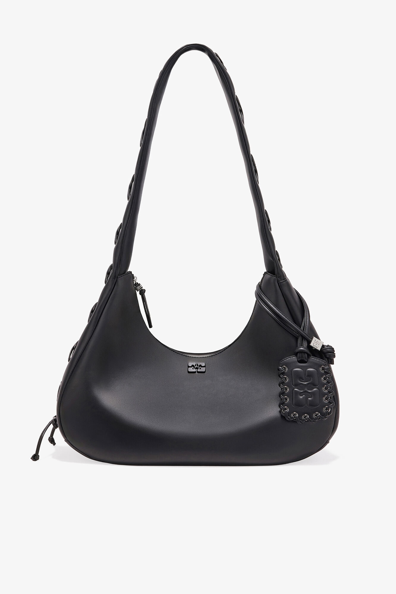 Black Medium Laces Hobo Bag, Recycled Leather, in colour Black - 1 - GANNI