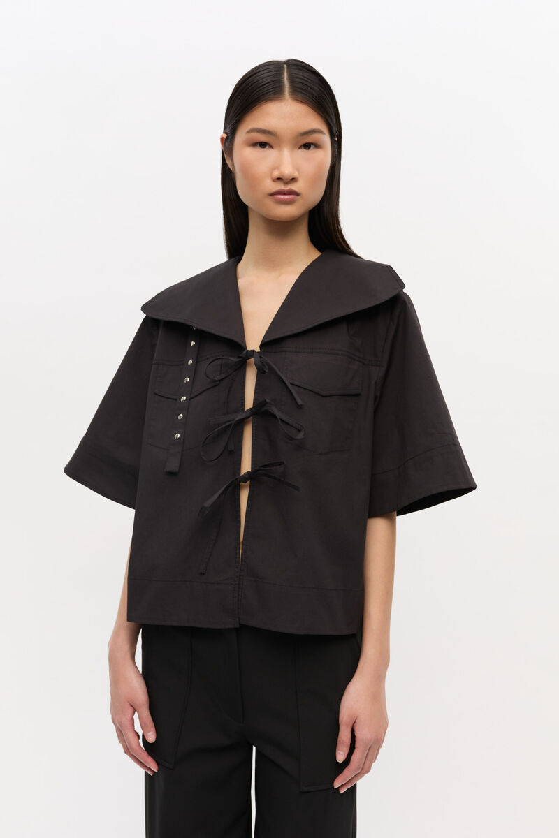Blouse en coton extensible noire, Elastane, in colour Black - 1 - GANNI