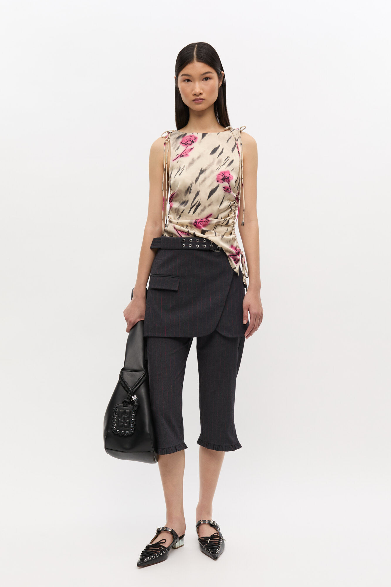 Floral Satin Top, Elastane, in colour Egret - 2 - GANNI