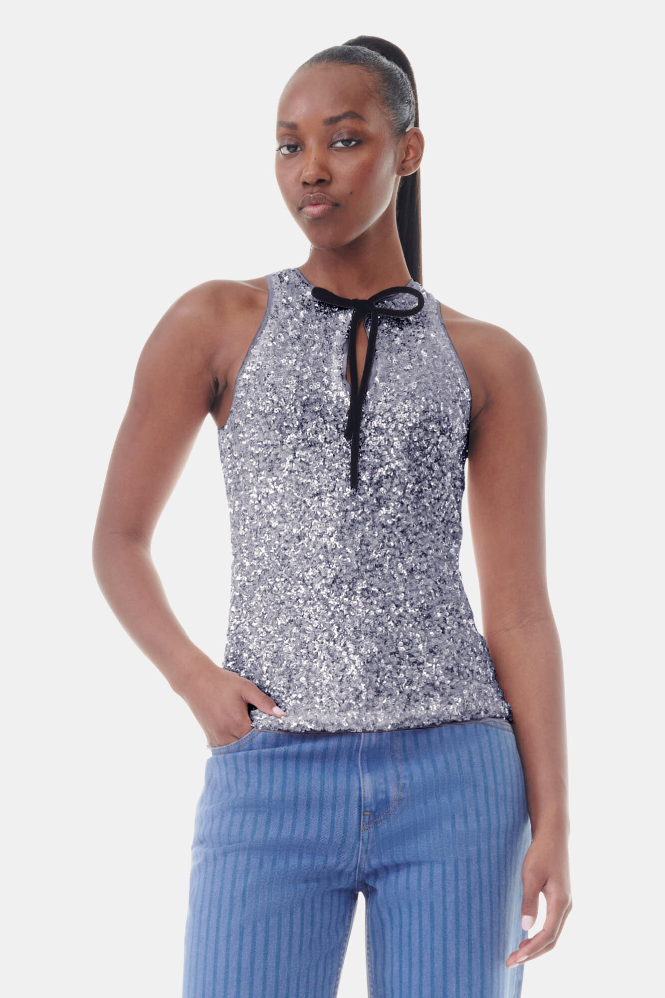 Silver 3D Sequins Top, Elastane, in colour Folkstone Gray - 1 - GANNI