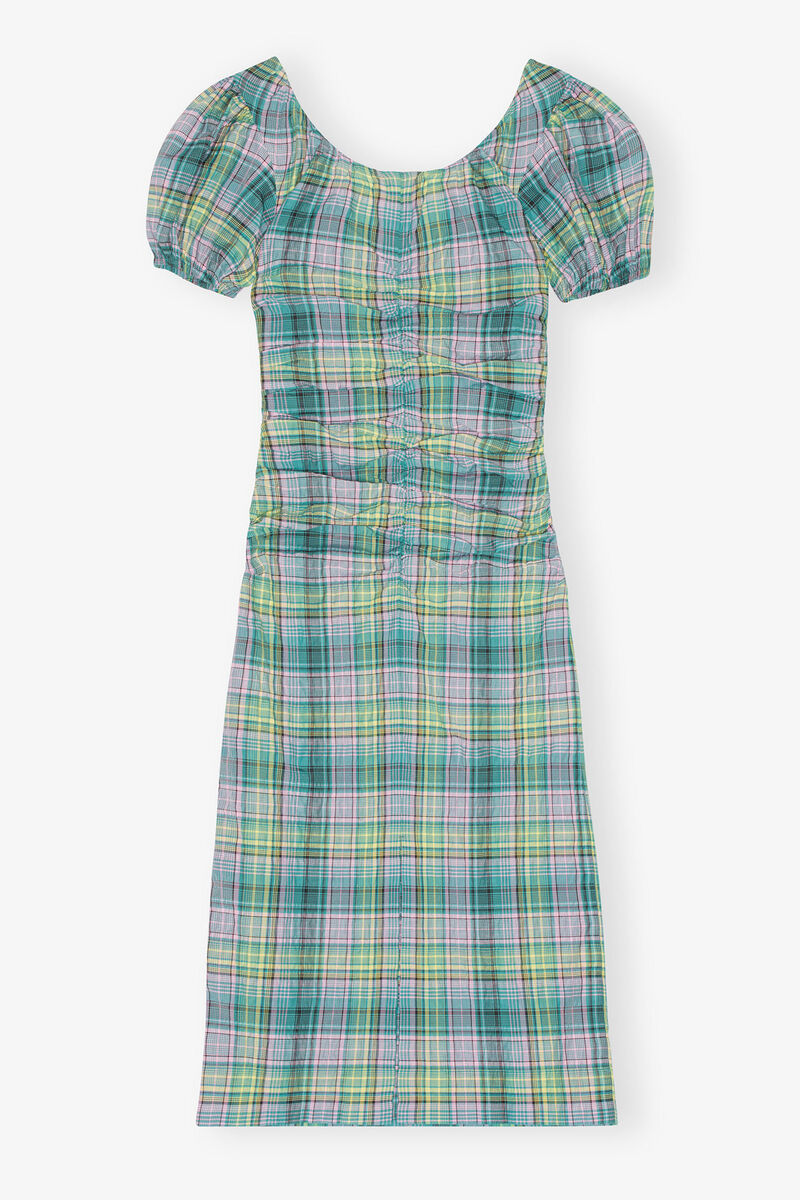 Seersucker Check Gathered U-neck Midi Dress, Organic Cotton, in colour Lagoon - 2 - GANNI