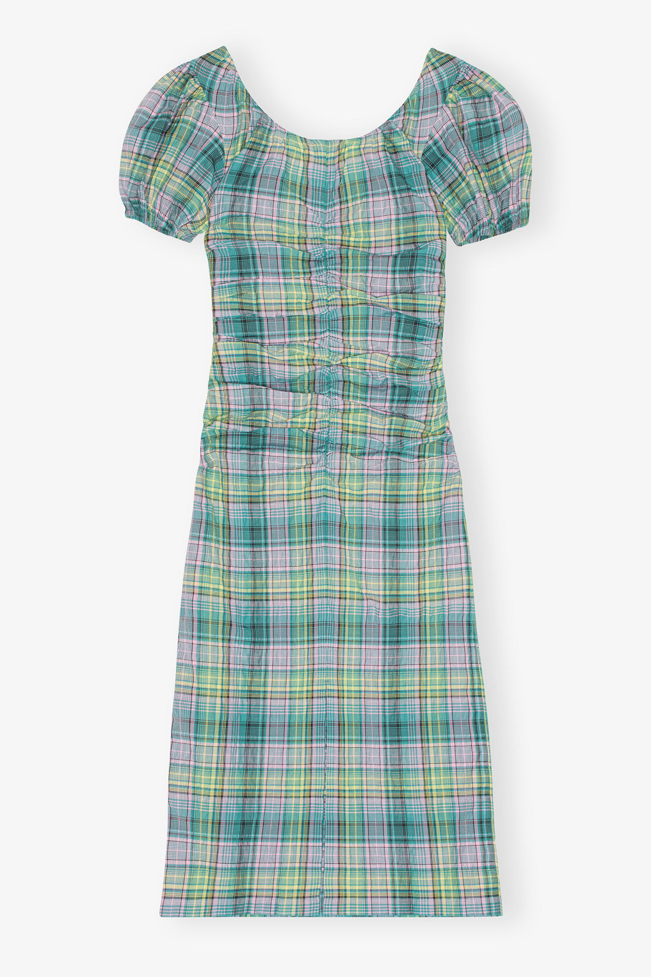 Seersucker Check Gathered U-neck Midi Dress, Organic Cotton, in colour Lagoon - 2 - GANNI