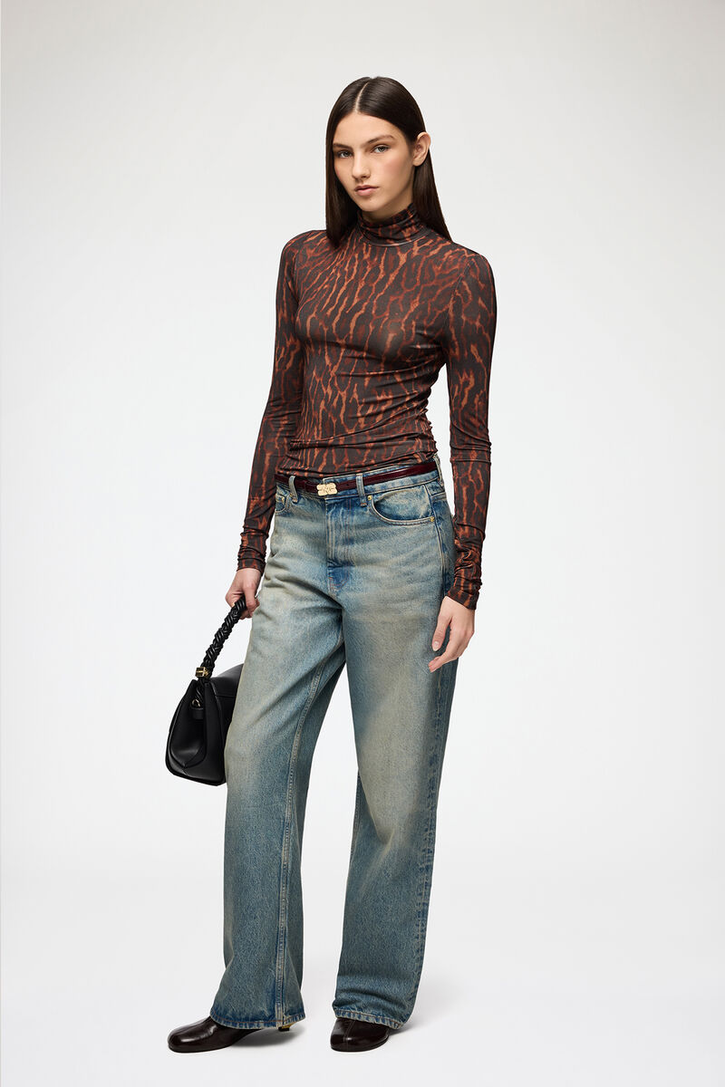 Turtleneck in Printed Jersey, Viscose, in colour Rawhide - 2 - GANNI