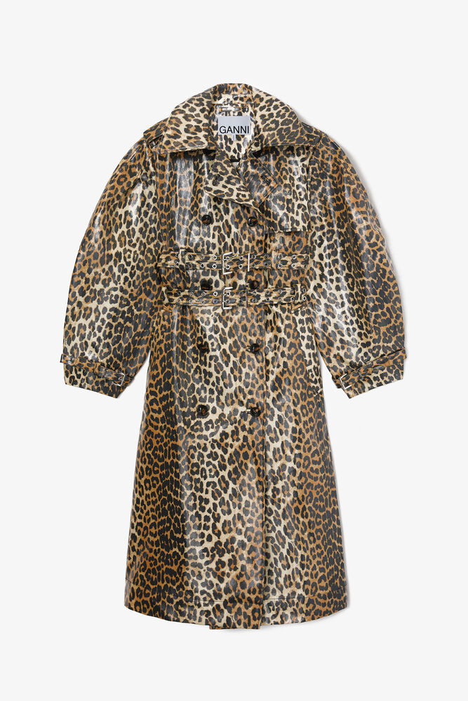 Leopard Laminated Cotton Trench Coat, Almond Milk