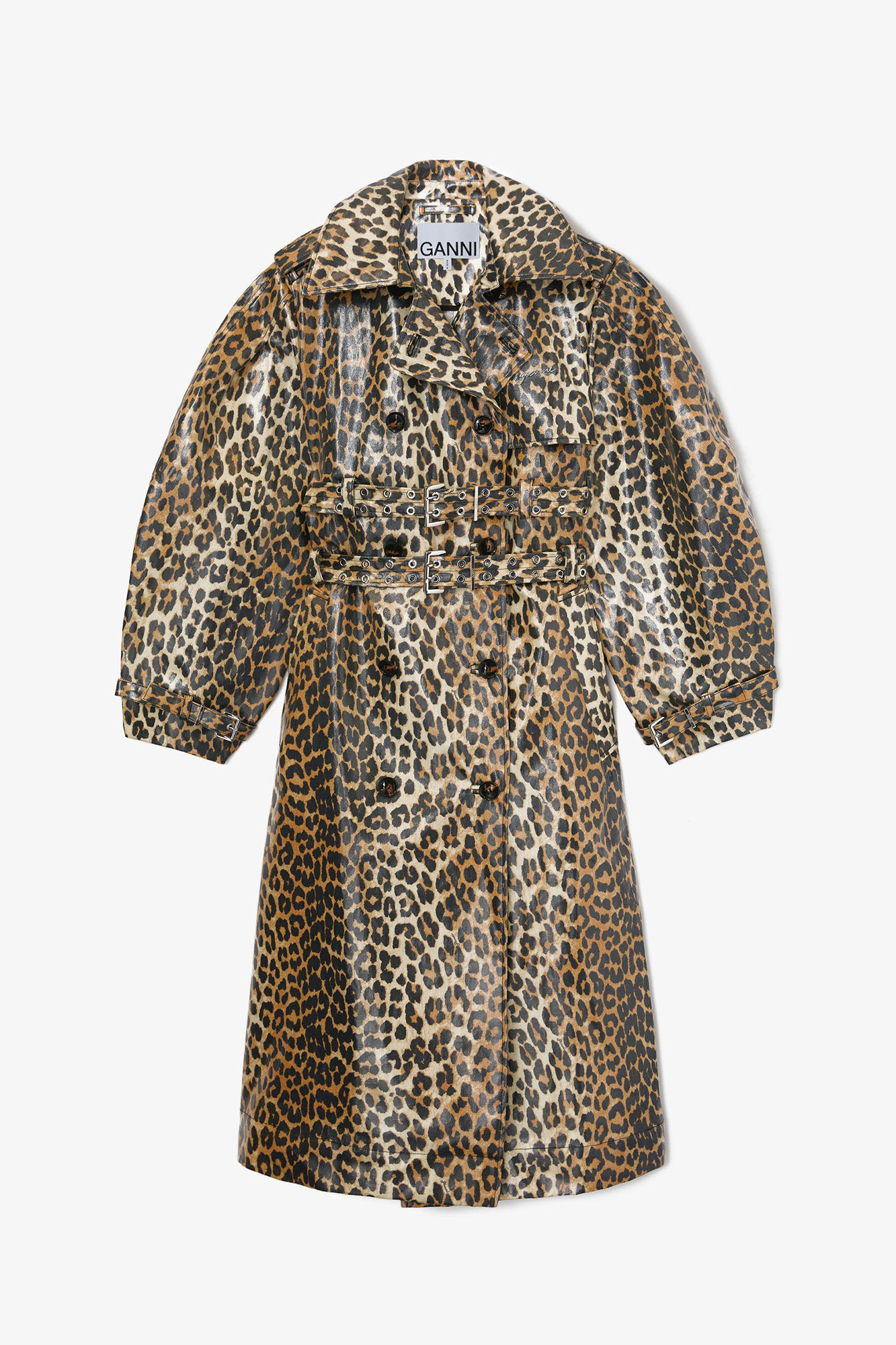 Leopardm&ouml;nstrad trenchcoat i laminerad bomull, Organic Cotton, in colour Almond Milk - 1 - GANNI