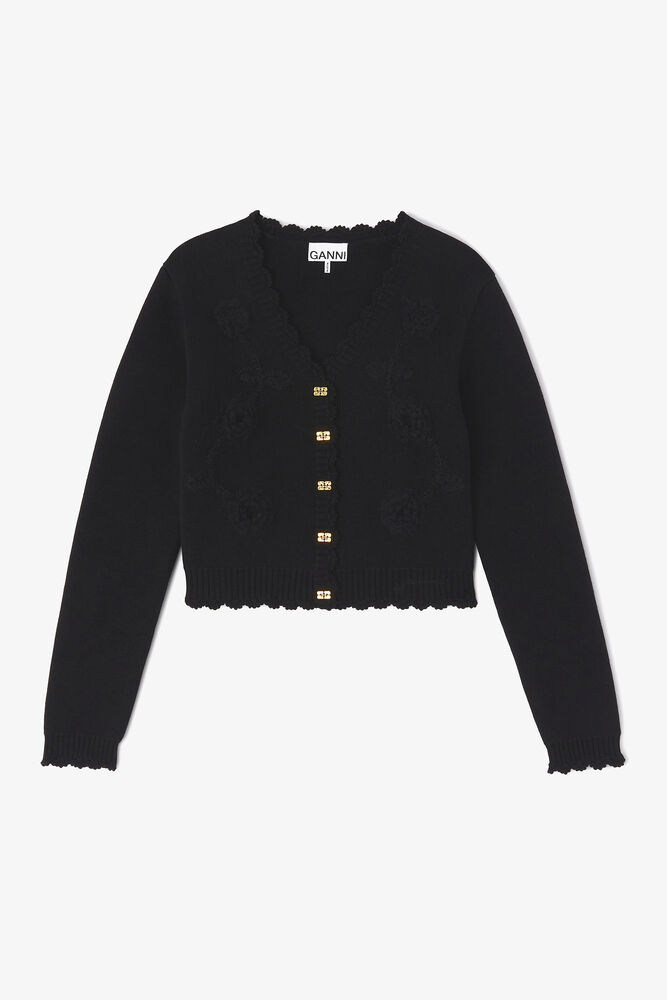 Black Crochet Applique Cardigan, Black