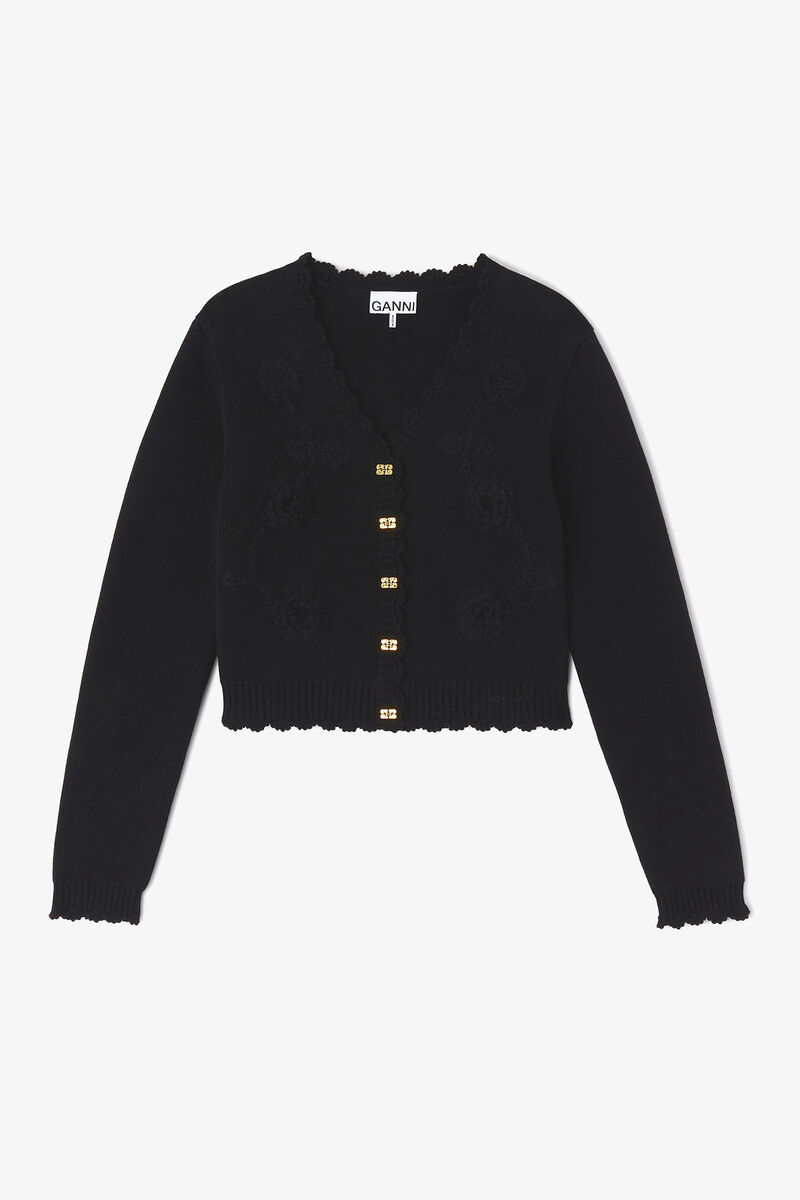 Black Crochet Applique Cardigan, Recycled Polyester, in colour Black - 1 - GANNI