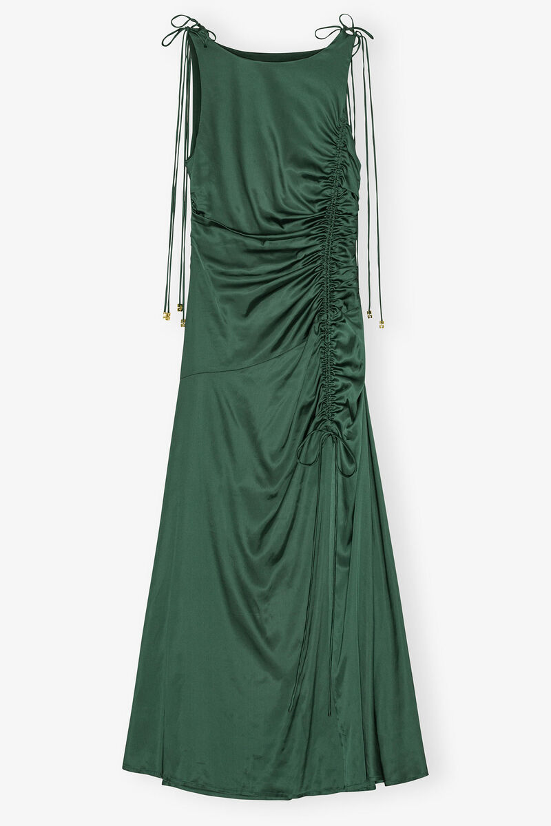 Robe froncée en satin vert, Elastane, in colour Pineneedle - 1 - GANNI
