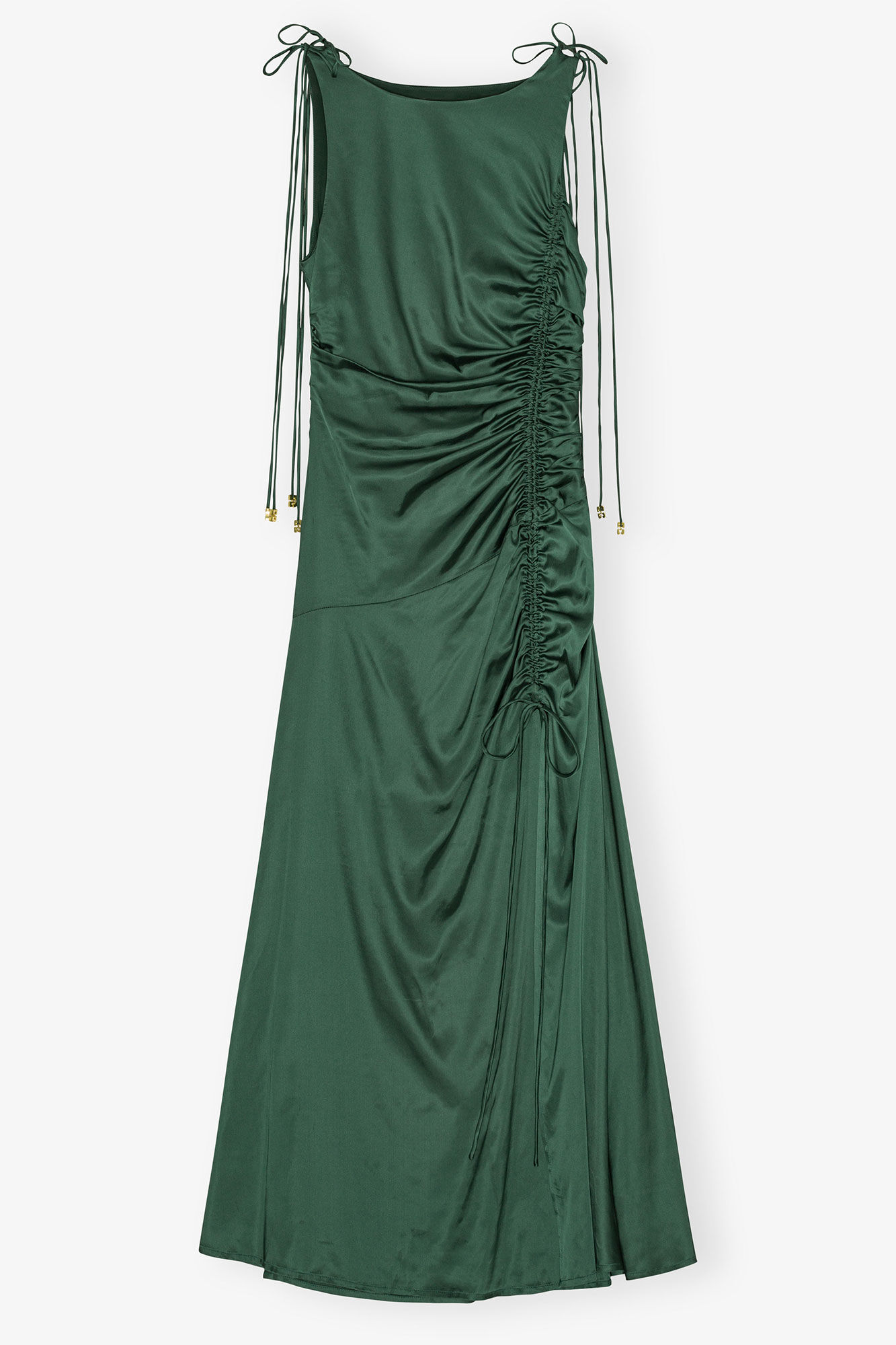 Green Satin Gathered Dress, Elastane, in colour Pineneedle - 1 - GANNI