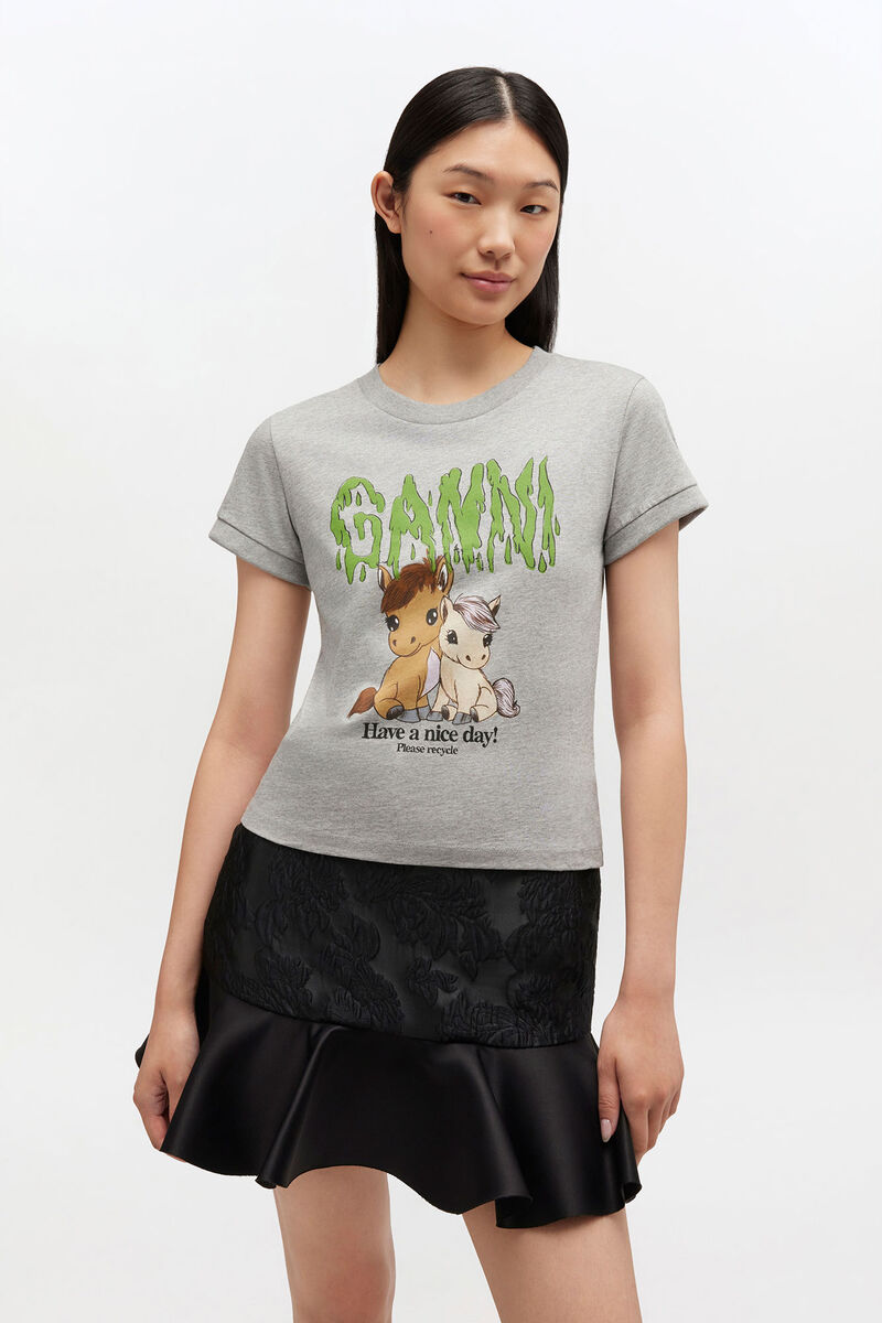 Grey Printed Baby Fit T-shirt, Organic Cotton, in colour Paloma - 1 - GANNI