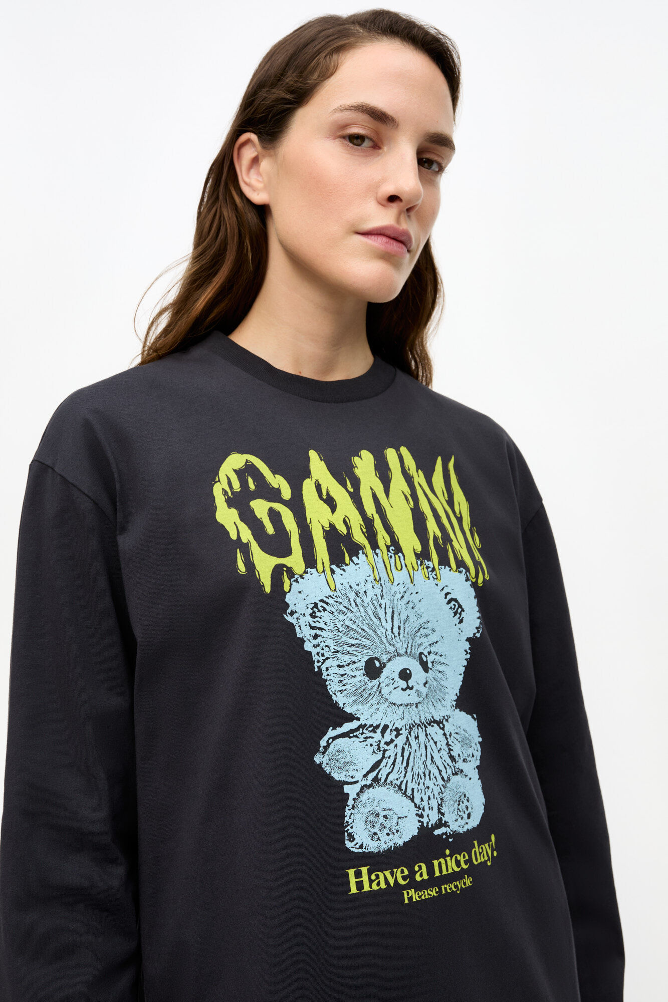 Sort langærmet teddy T-shirt i basalt bomuld, Cotton, in colour Phantom - 4 - GANNI