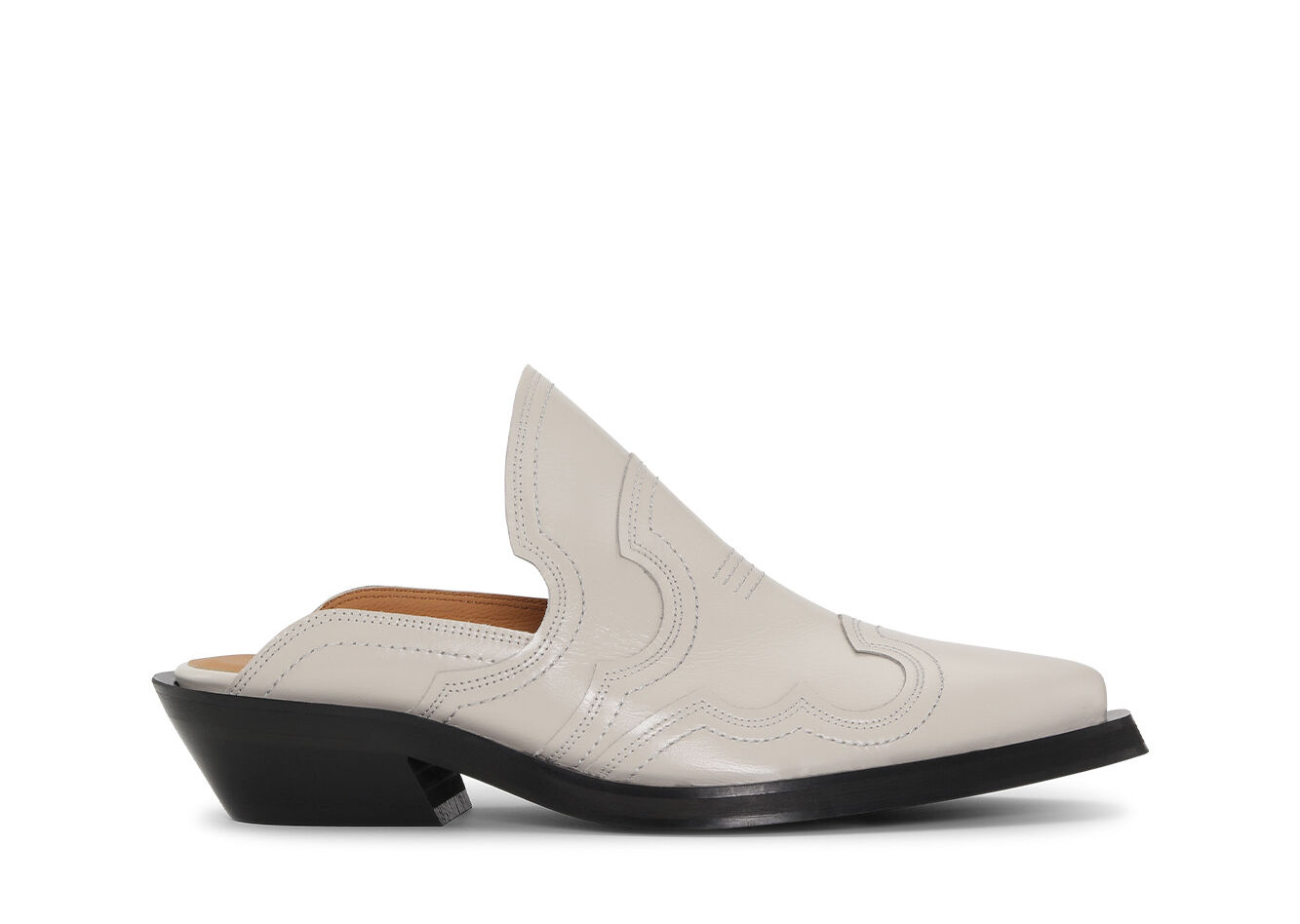 White Embroidered Western Mules, Calf Leather, in colour Egret - 1 - GANNI