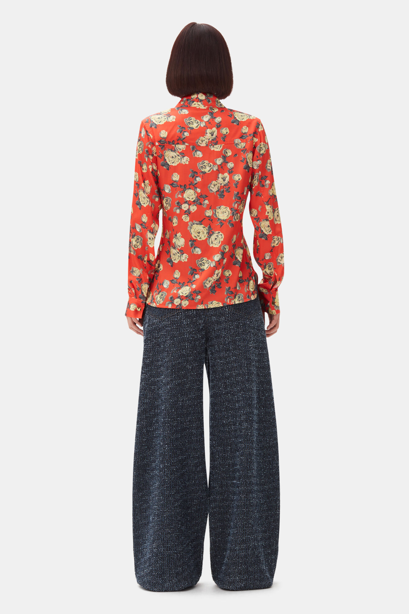 Orange Floral Printed Satin Shirt, Spandex, in colour Poinciana - 4 - GANNI
