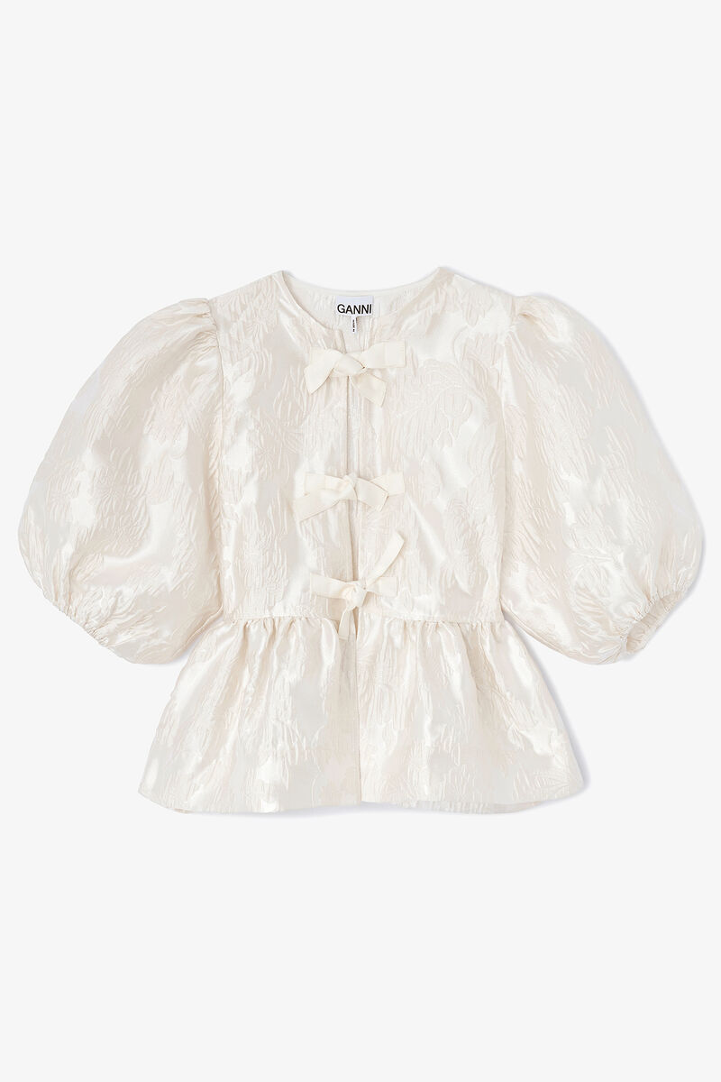 Satin Peplum Tie Blouse, Recycled Polyester, in colour Egret - 1 - GANNI