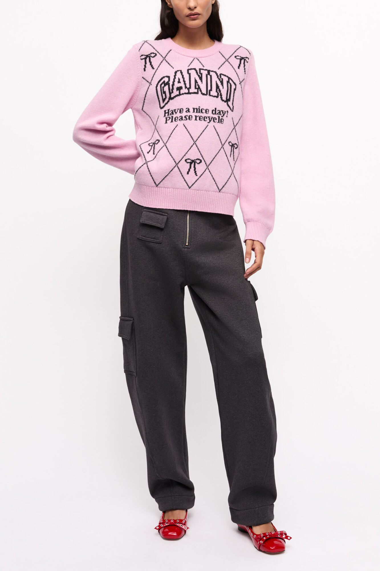 Pink Graphic Bow Sweater, Wool, in colour Mauve Chalk - 3 - GANNI
