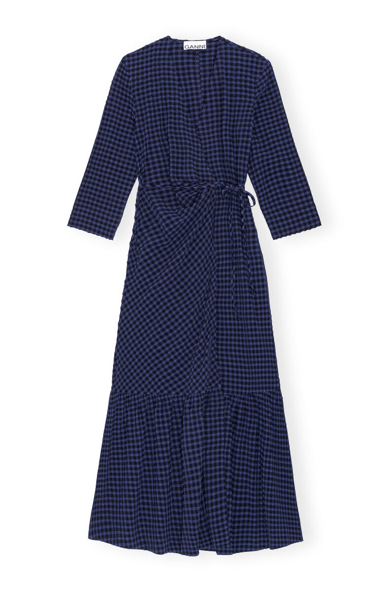 Blue Checkered Seersucker Gathered Midi Wrap Dress, Elastane, in colour Deep Cobalt - 1 - GANNI