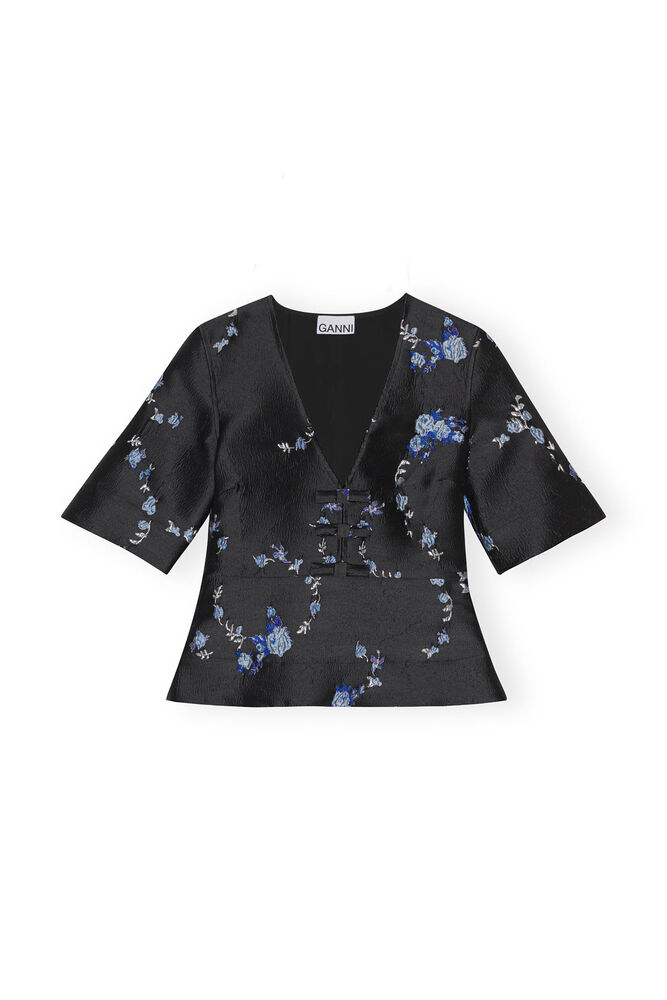 Black/Blue 3D Jacquard V-neck Blouse, Black