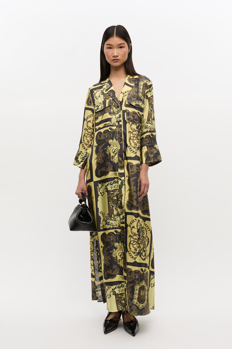 Robe midi en soie imprimée jaune, Silk, in colour Popcorn - 1 - GANNI