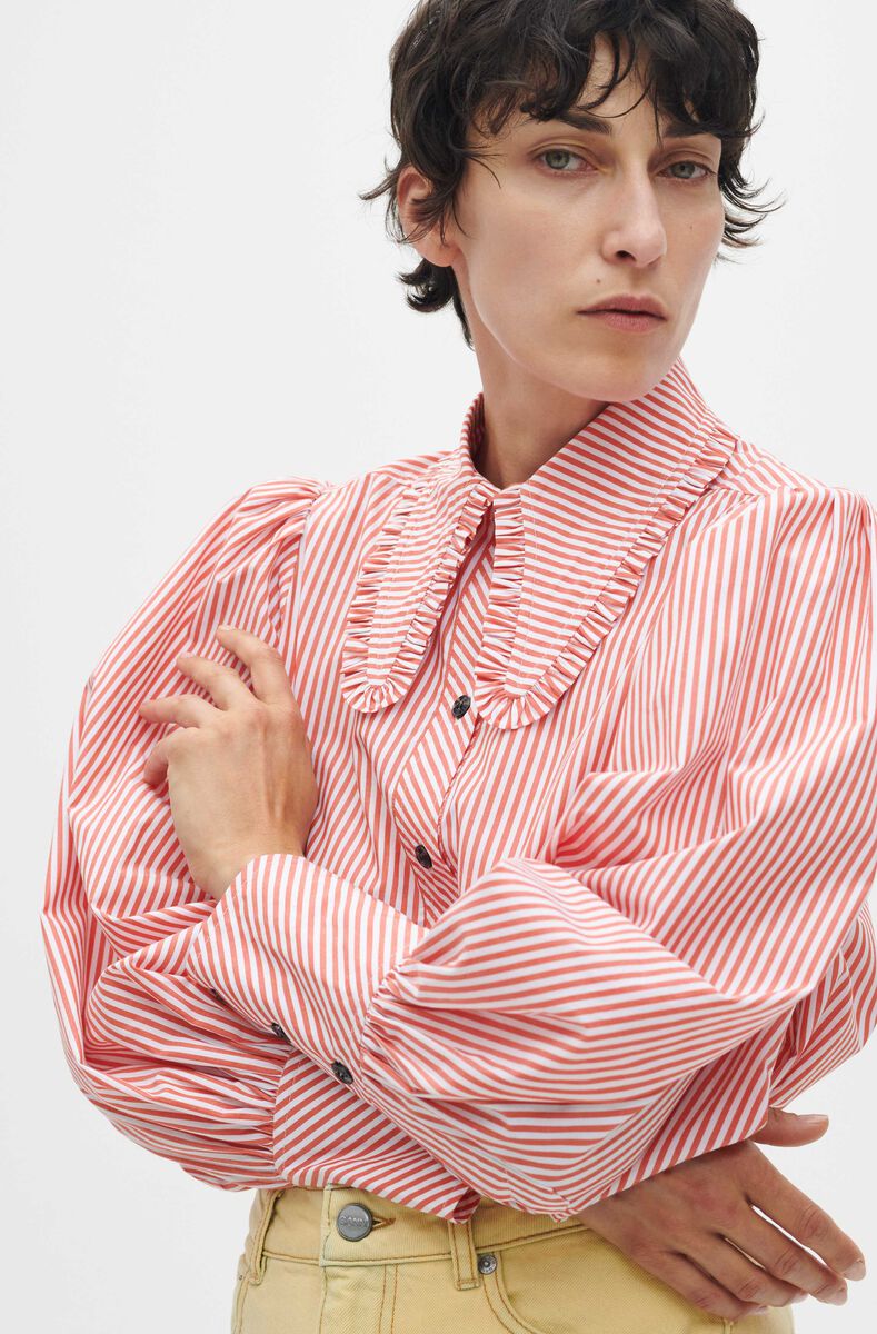 Stripe Cotton Stripe Cotton Long Collar Puff Sleeve Shirt, Cotton, in colour Thin Stripe Orangedotcom - 1 - GANNI