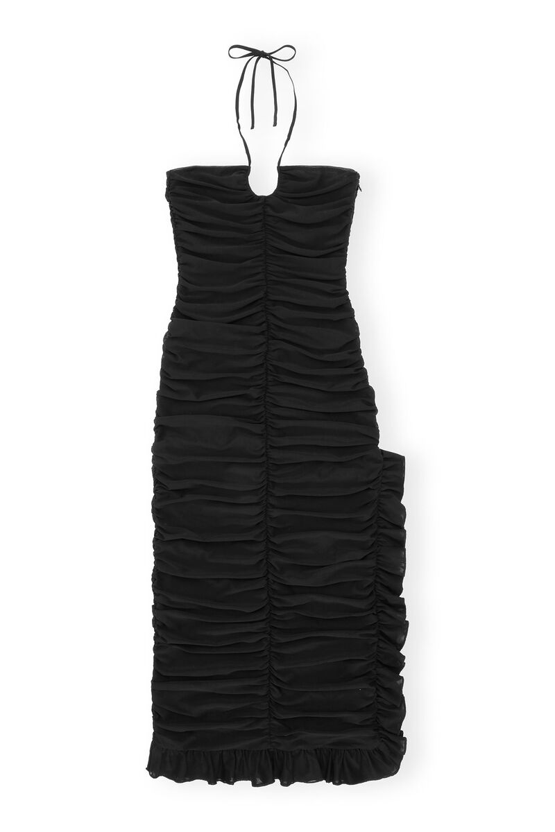GANNI X ESTER MANAS Mesh Halterneck Gather Dress, Recycled Nylon, in colour Black - 1 - GANNI