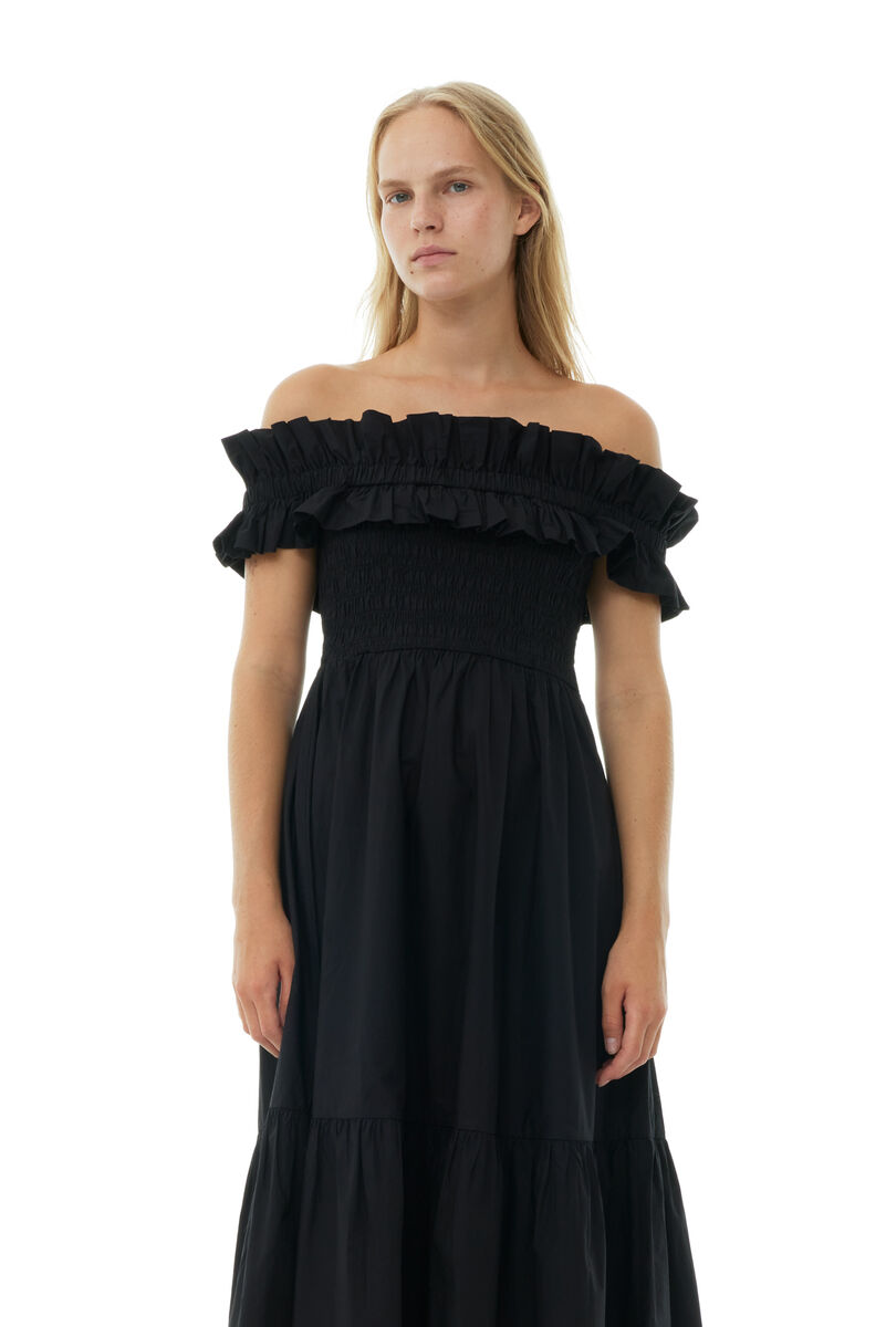 Black Cotton Poplin Long Smock Kleid, Cotton, in colour Black - 2 - GANNI