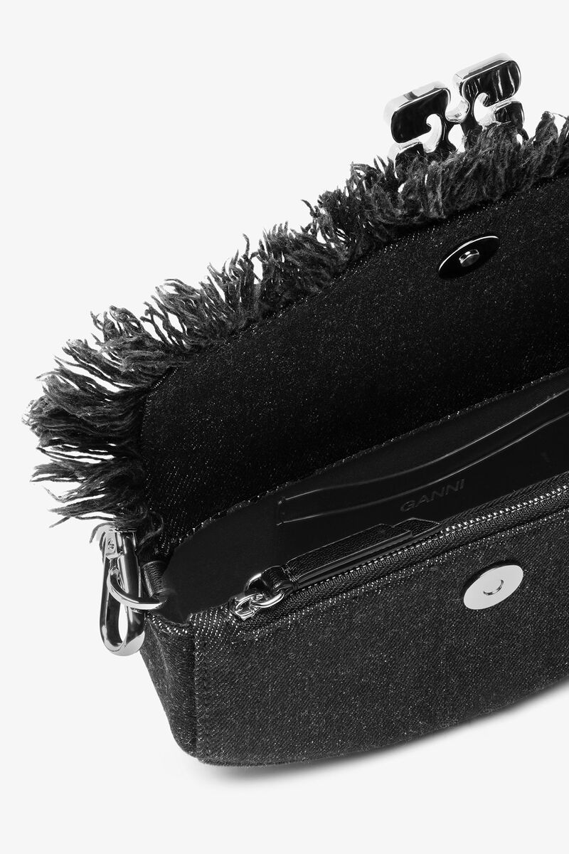 Black Denim Mini Apo-G Wallet On Chain, Recycled Cotton, in colour Black - 4 - GANNI