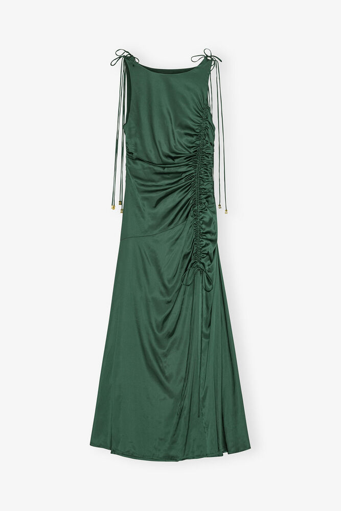 Robe fronc&eacute;e en satin vert, Pineneedle
