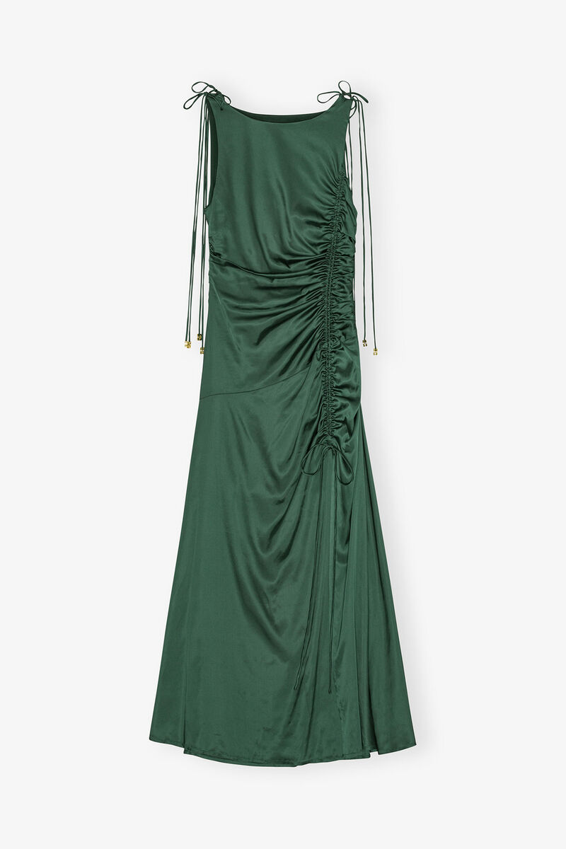 Green Satin Gathered Dress, Viscose, in colour Pineneedle - 1 - GANNI