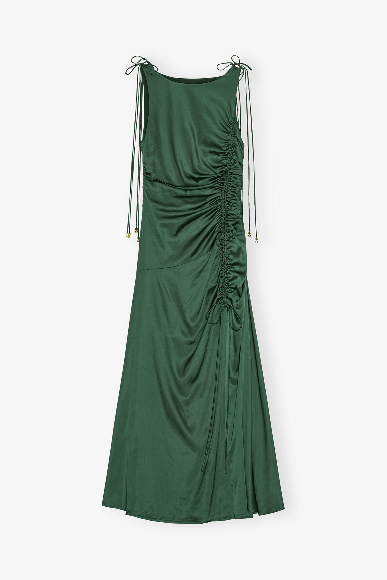 Green Satin Gathered Dress, Viscose, in colour Pineneedle - 1 - GANNI