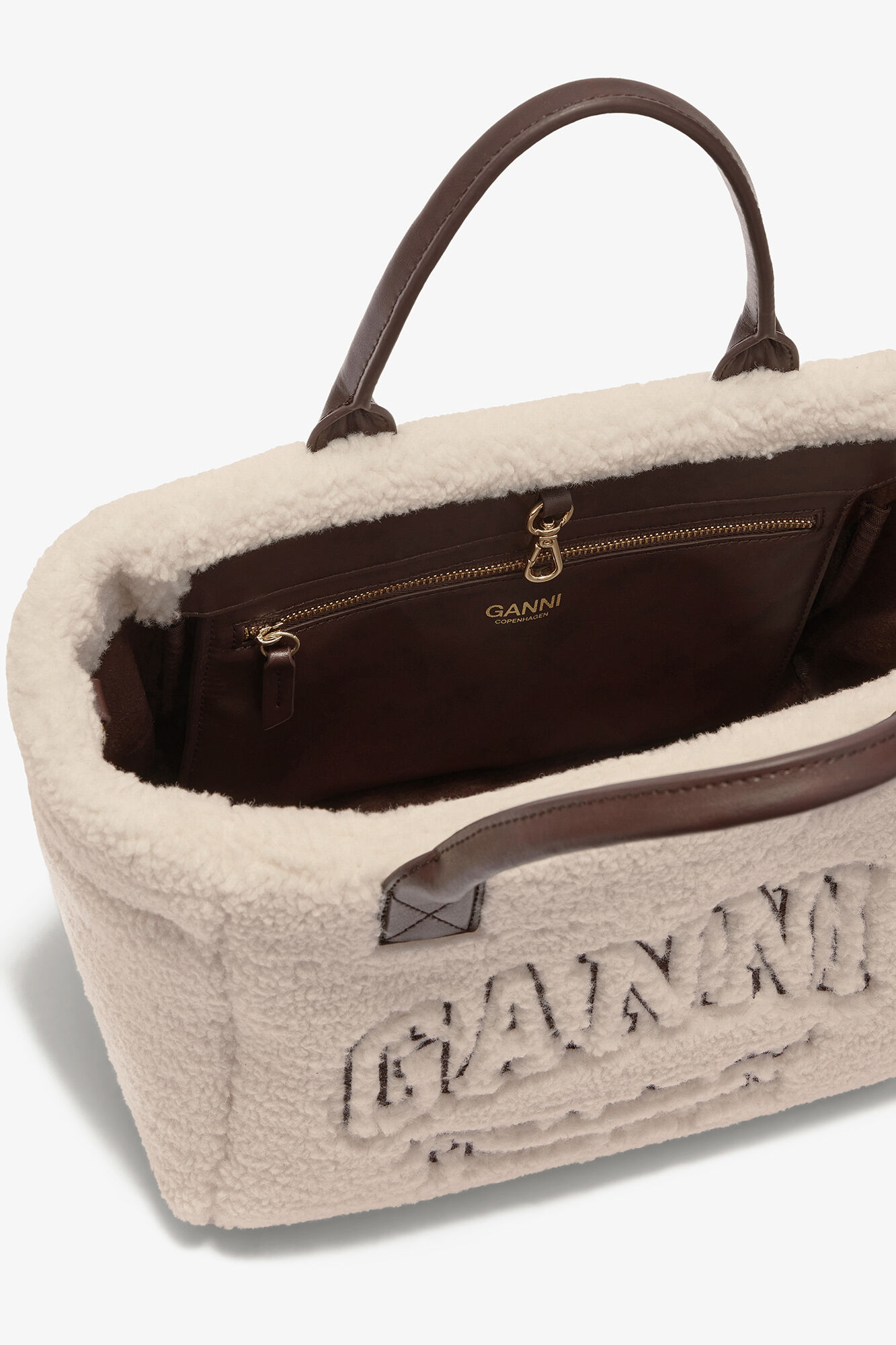 Shearling Small Tote, Polyester, in colour Egret - 3 - GANNI