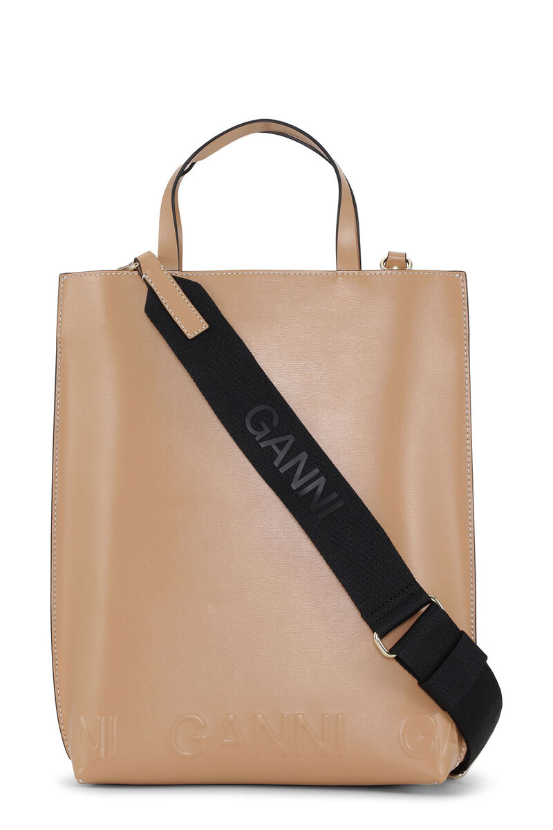 Medium Banner Tote Strap Bag, Leather, in colour Tan - 3 - GANNI