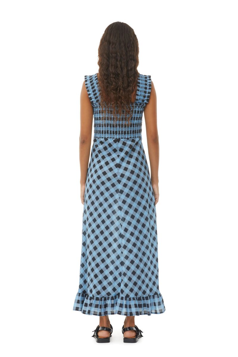 Checkered Cotton Silk Long Strap Dress, Cotton, in colour Alaskan Blue - 4 - GANNI