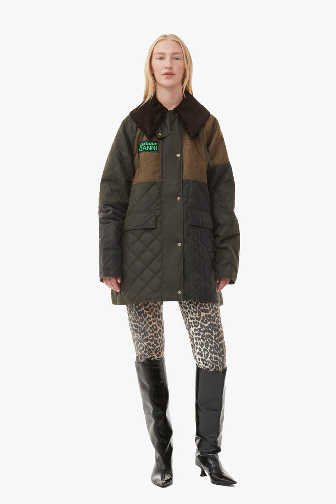 GANNI x Barbour Short Burghley Quilted Wax Jacket, Kalamata