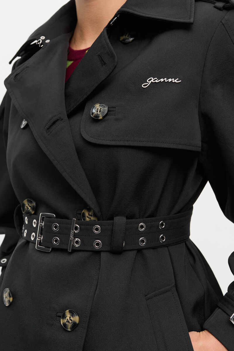 Black Heavy Twill Midi Trench Coat, Recycled Polyester, in colour Black - 4 - GANNI