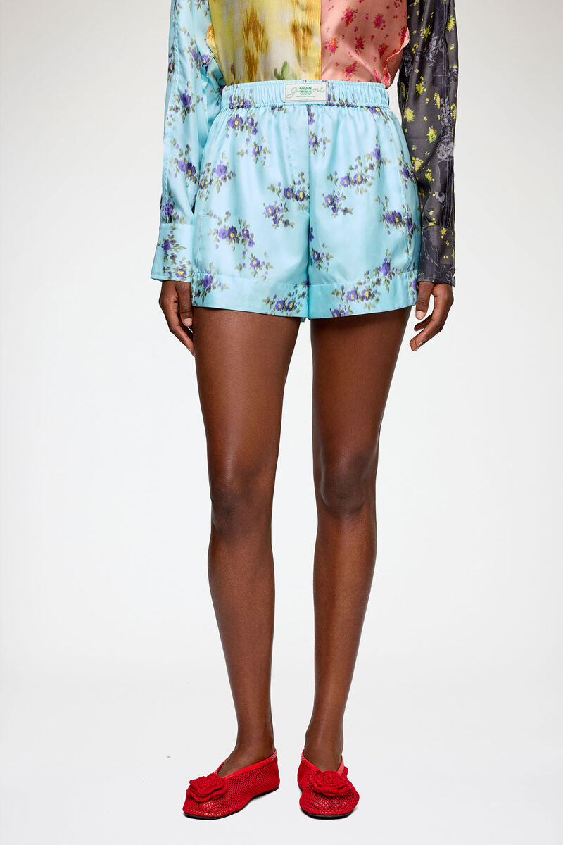 Shorts in Printed Silk, Organic Wool, in colour Iced Aqua - 2 - GANNI