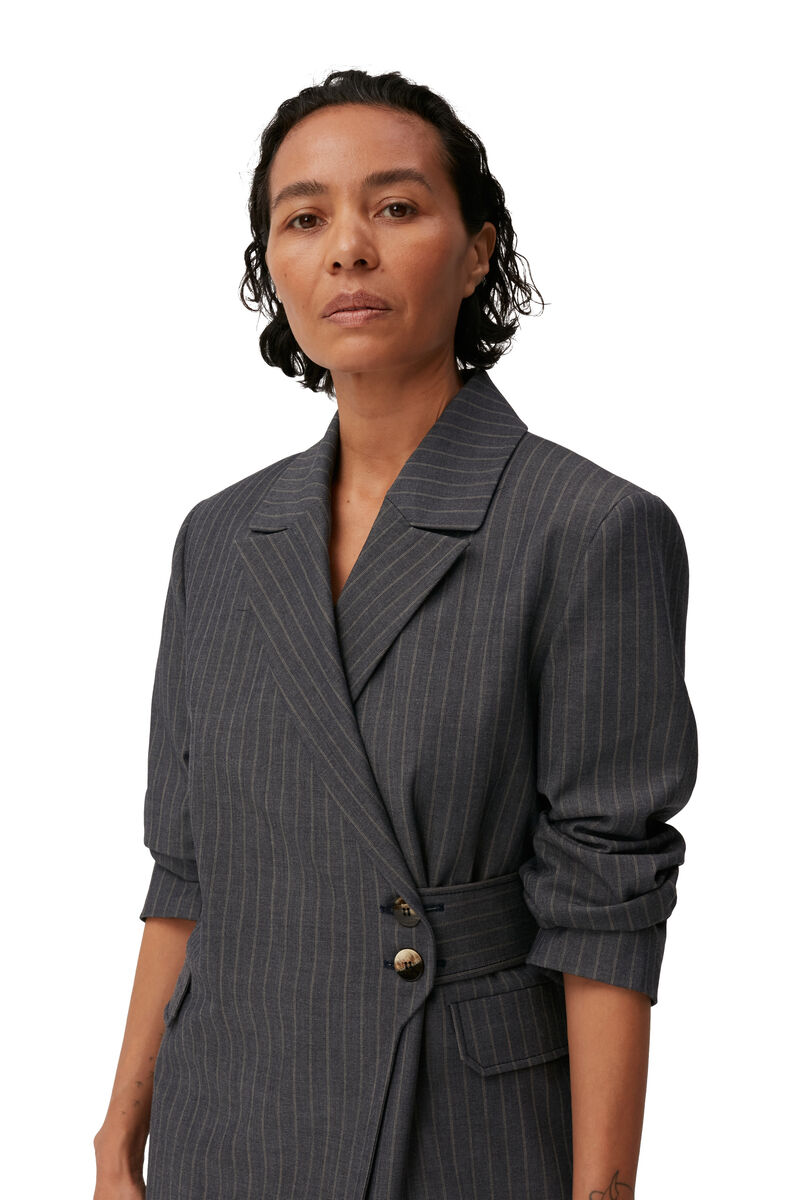 Stripe Belt blazer, Elastane, in colour Sky Captain - 3 - GANNI