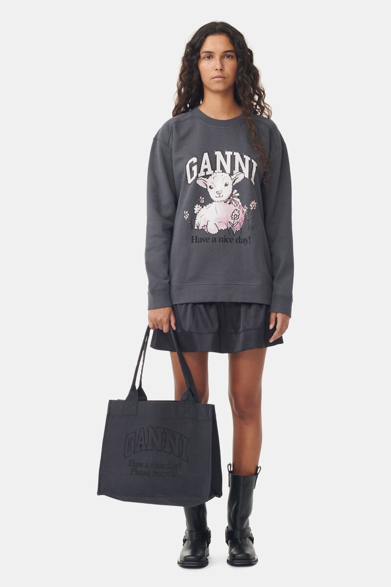 Dark Grey Large Canvas Tote Bag, Recycled Cotton, in colour Phantom - 2 - GANNI