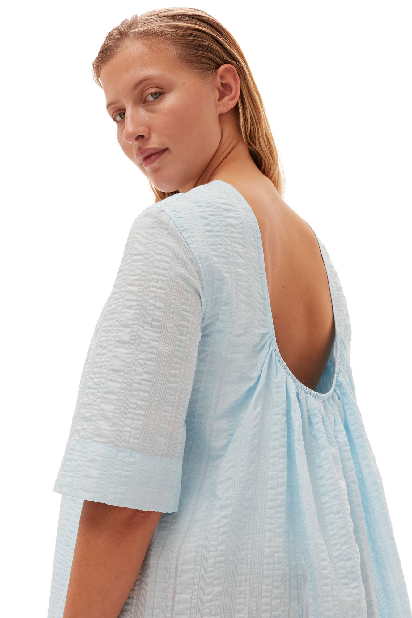 Seersucker Check Maxi Dress, Elastane, in colour Ice Water - 3 - GANNI