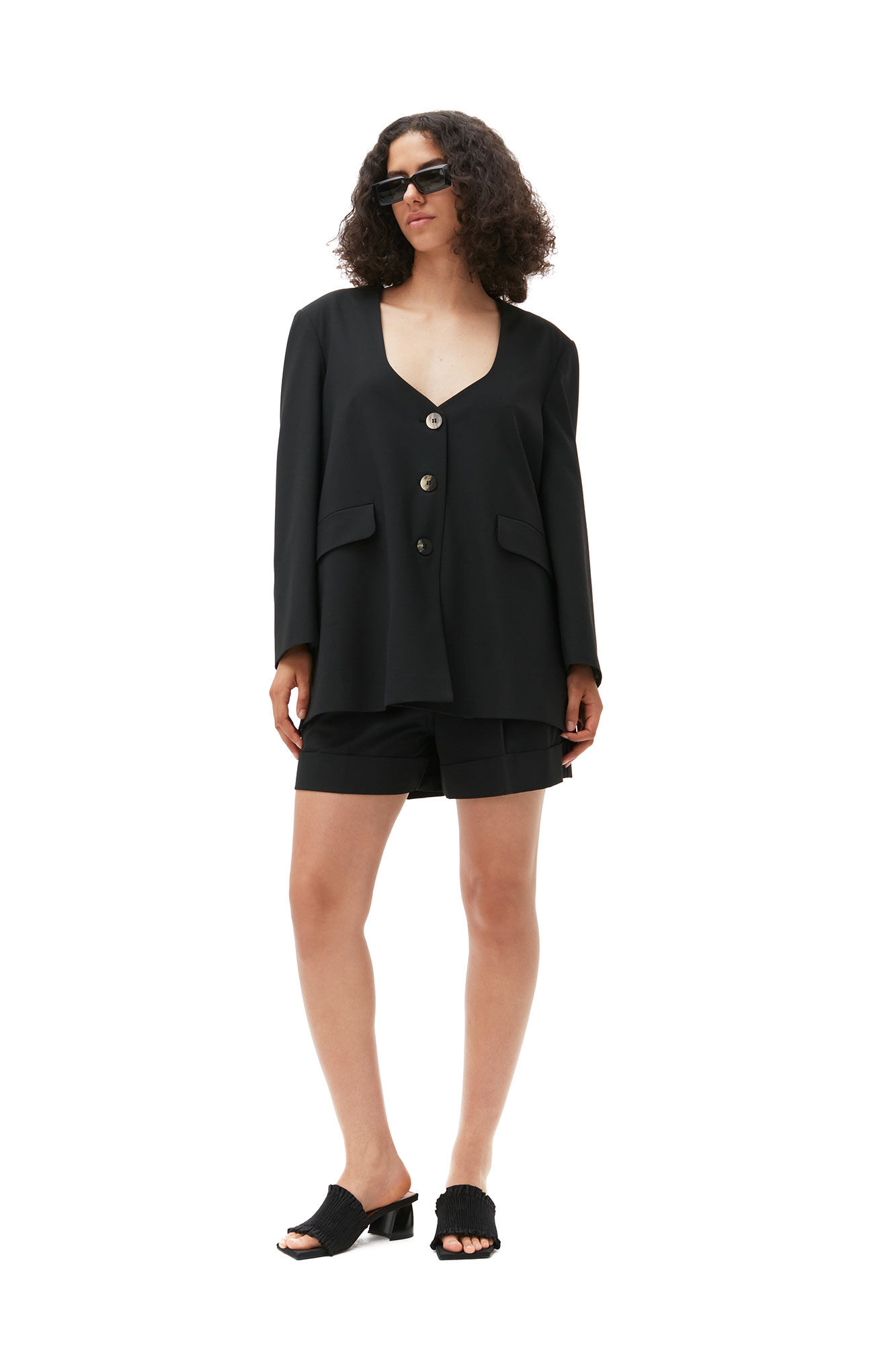 Oversized Drapey Melange Blazer, Elastane, in colour Black - 1 - GANNI