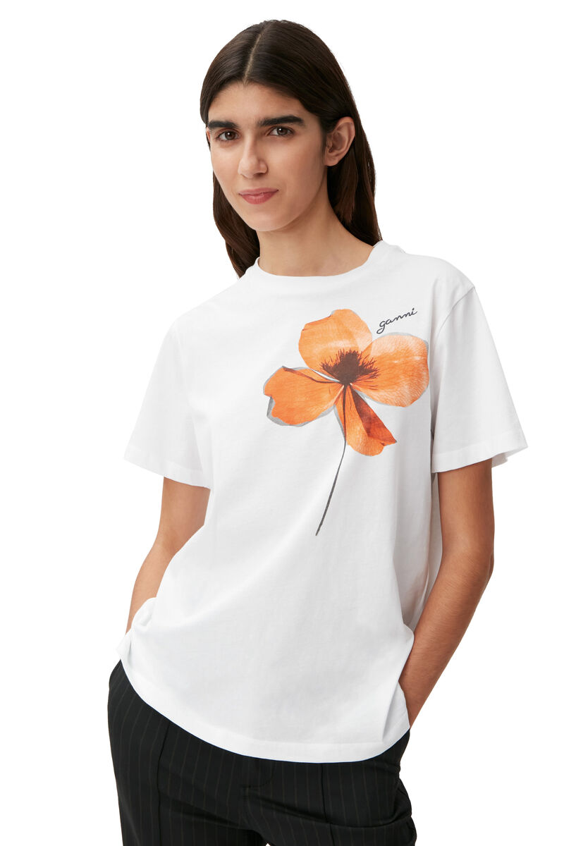 Flower T-shirt , Cotton, in colour Bright White - 3 - GANNI