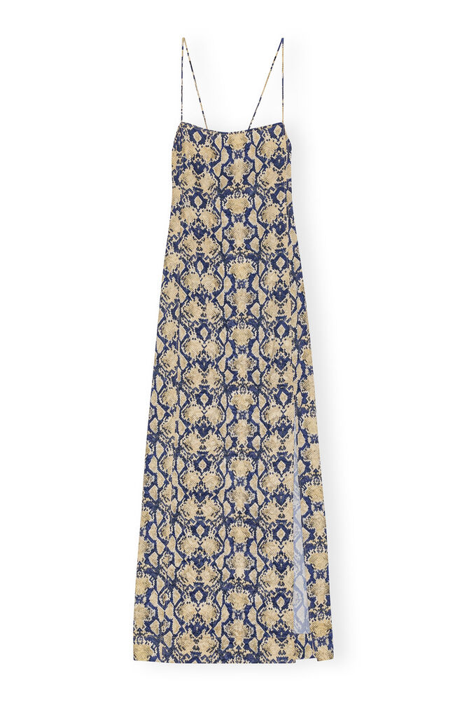 Snake Printed Crinkled Satin Midi Slip Dress, Safari