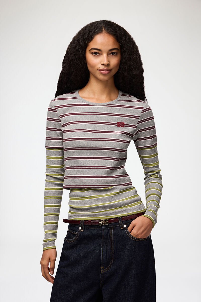 Long-sleeve Top in Double Stripe, Organic Cotton, in colour Port Royale - 1 - GANNI